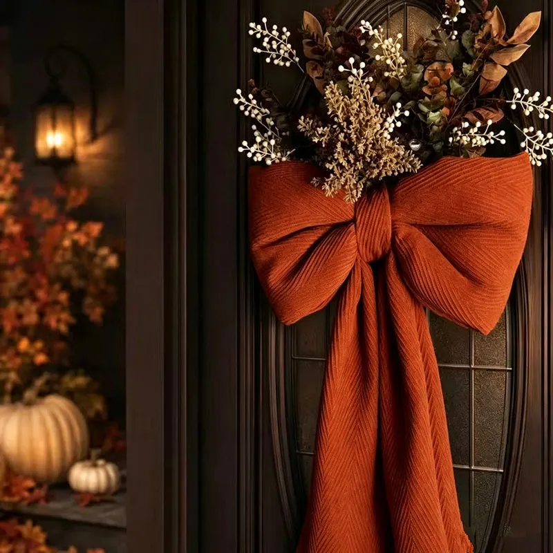 Warm evening entryway with a rust bow styled for fall; decorative foliage is not included