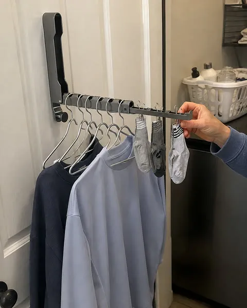 Gray rack in a compact laundry room