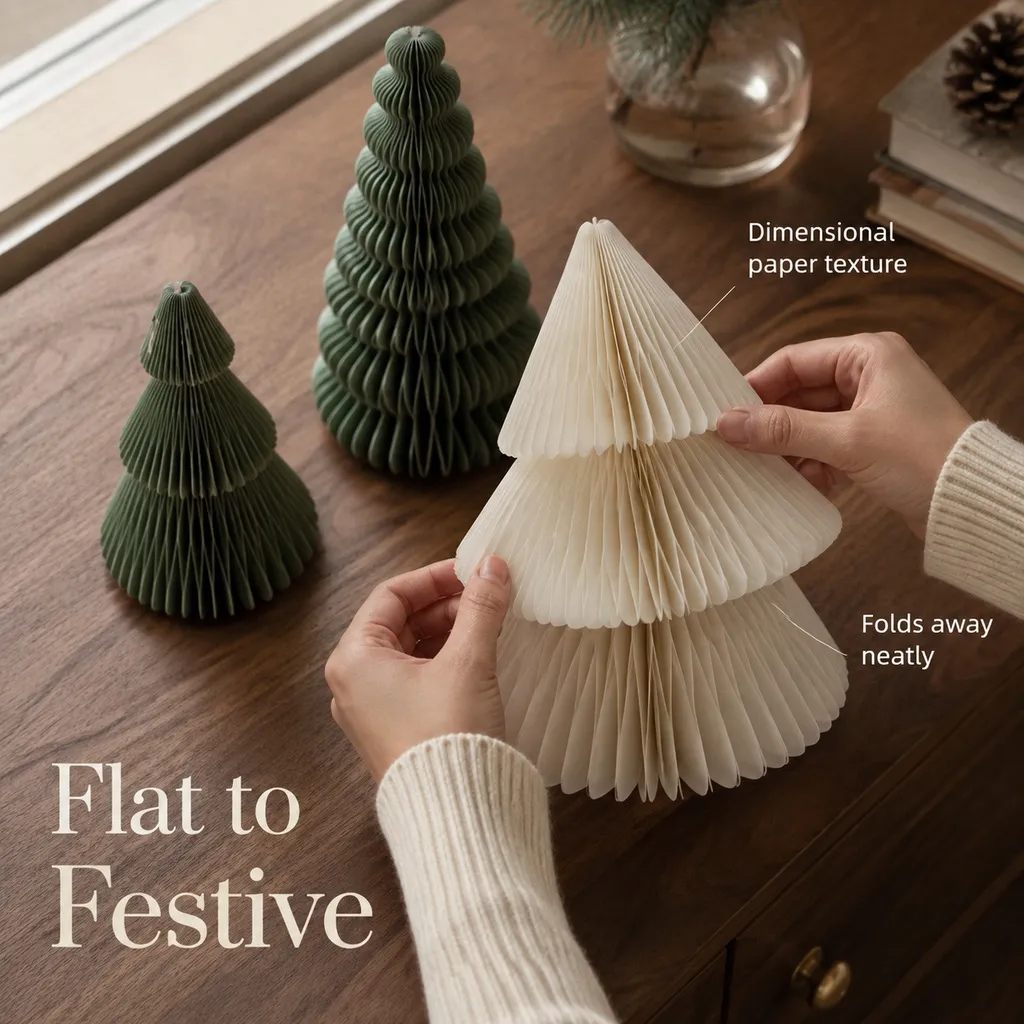 Hands arranging the fine folds of an ivory paper tree