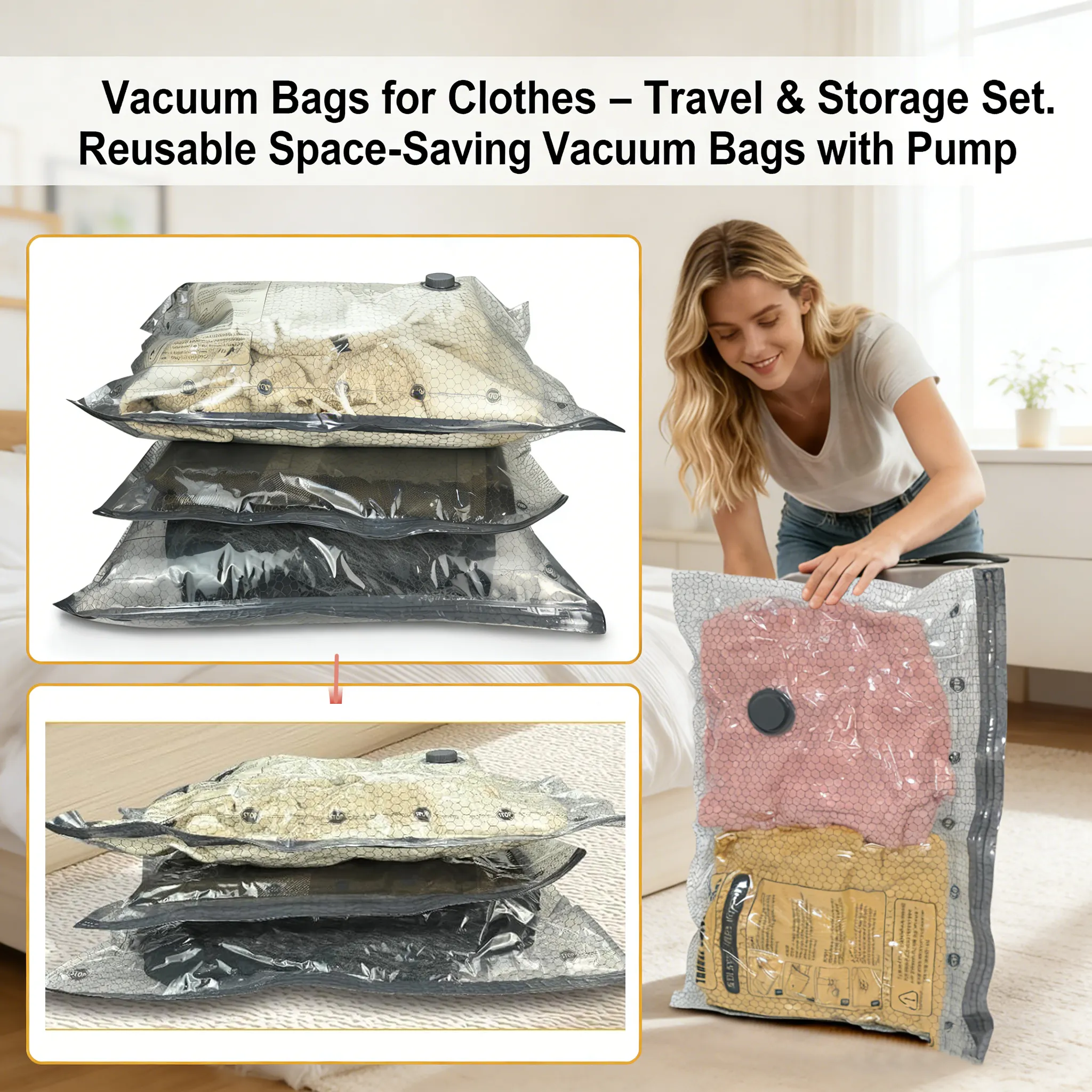 Vacuum Storage Bags: Pack two weeks of clothing into one carry-on by removing bulky air in seconds. 🧳