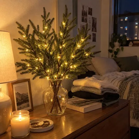 A lighted pine-stem arrangement glowing on a small bedroom dresser