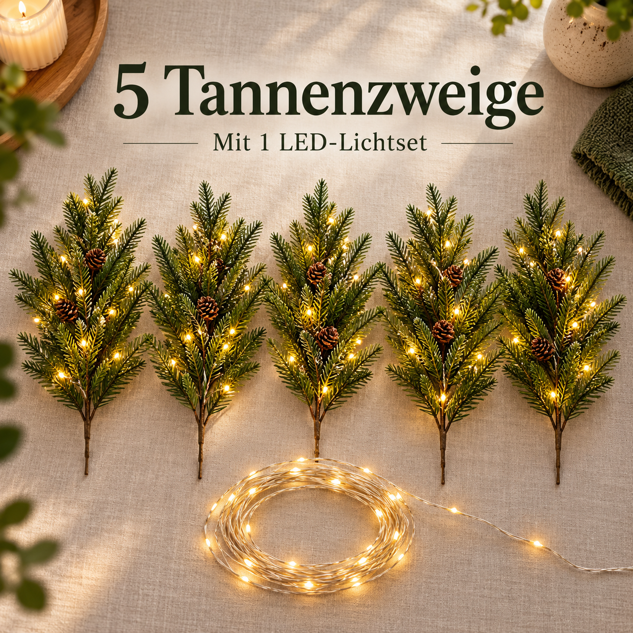Set mit 5 Tannenzweigen und einem LED-Lichtset