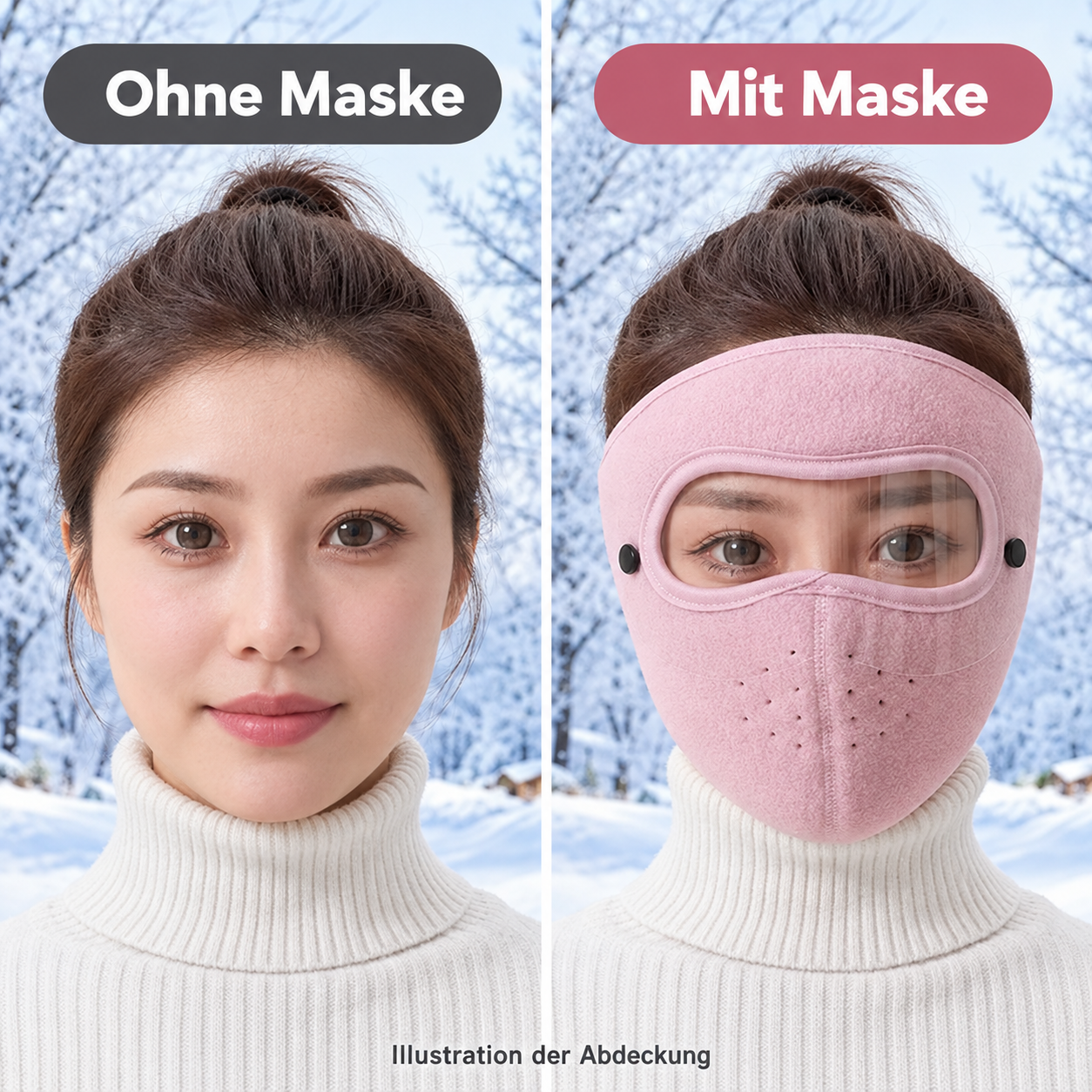 Illustrativer Vergleich derselben Person ohne Maske und mit rosa Maske