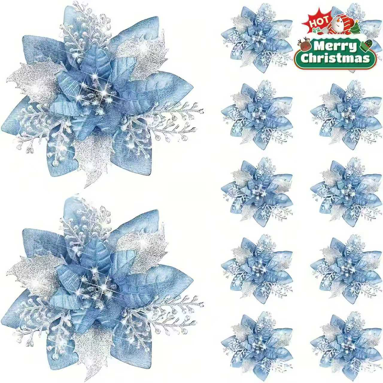 10-Piece Red Glitter Poinsettia Clip Set for Christmas Decorating