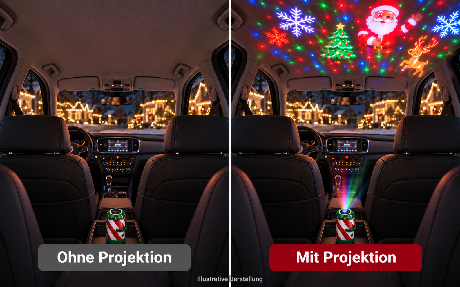 Illustrativer Vergleich desselben geparkten Innenraums ohne und mit Weihnachtsprojektion