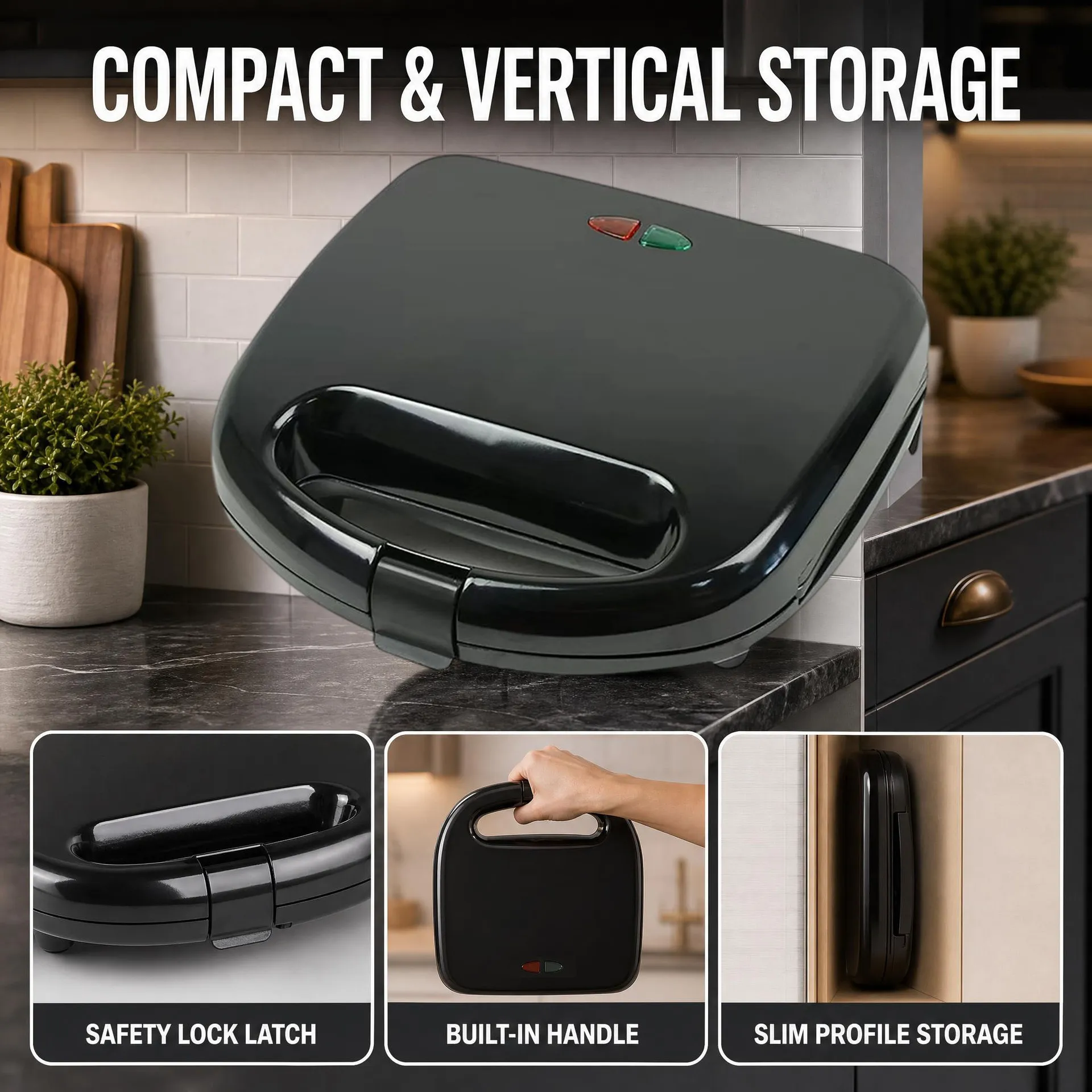 Compact mini waffle maker stored upright