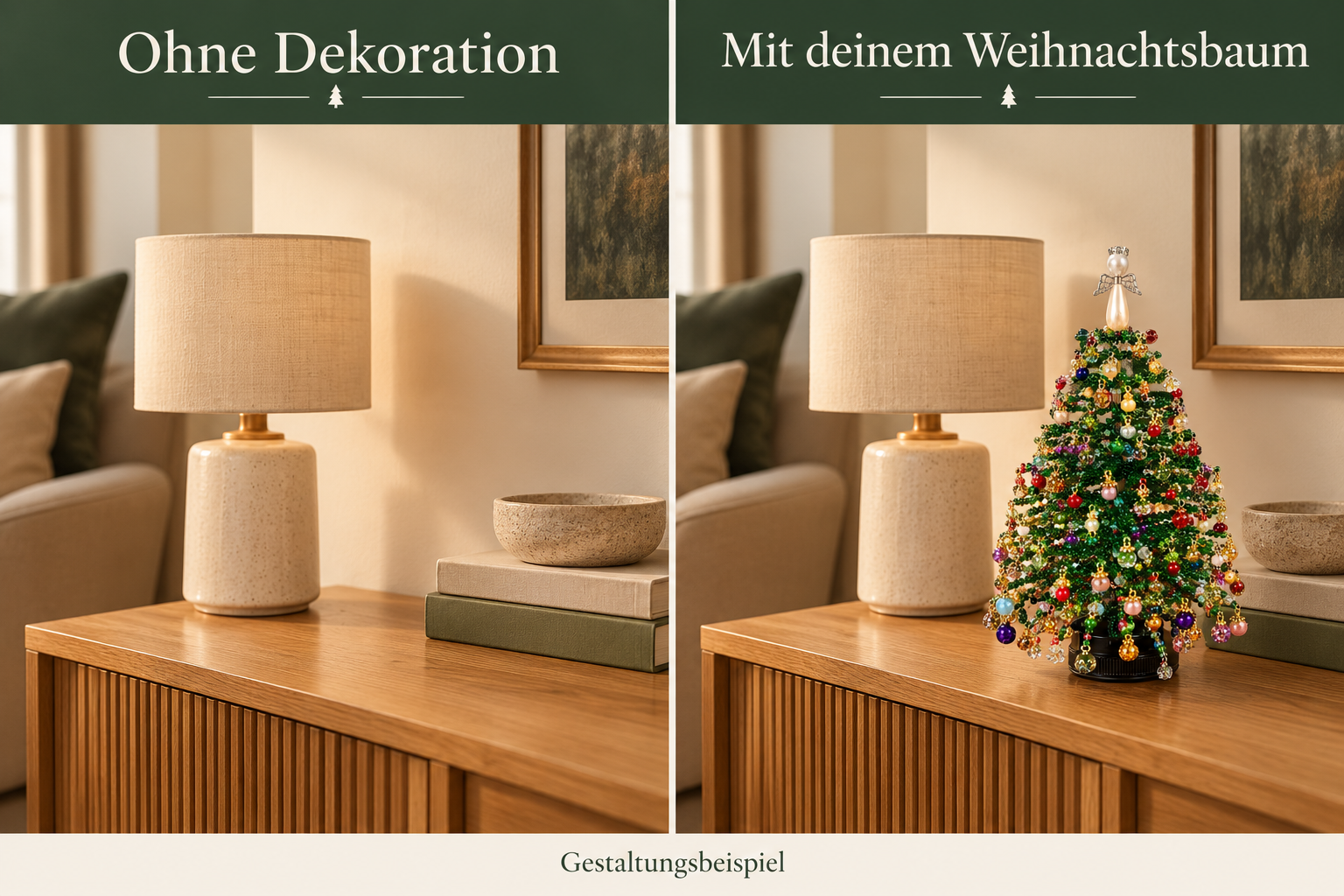 Gestaltungsbeispiel: dieselbe Kommode ohne Dekoration und mit einem Perlenweihnachtsbaum
