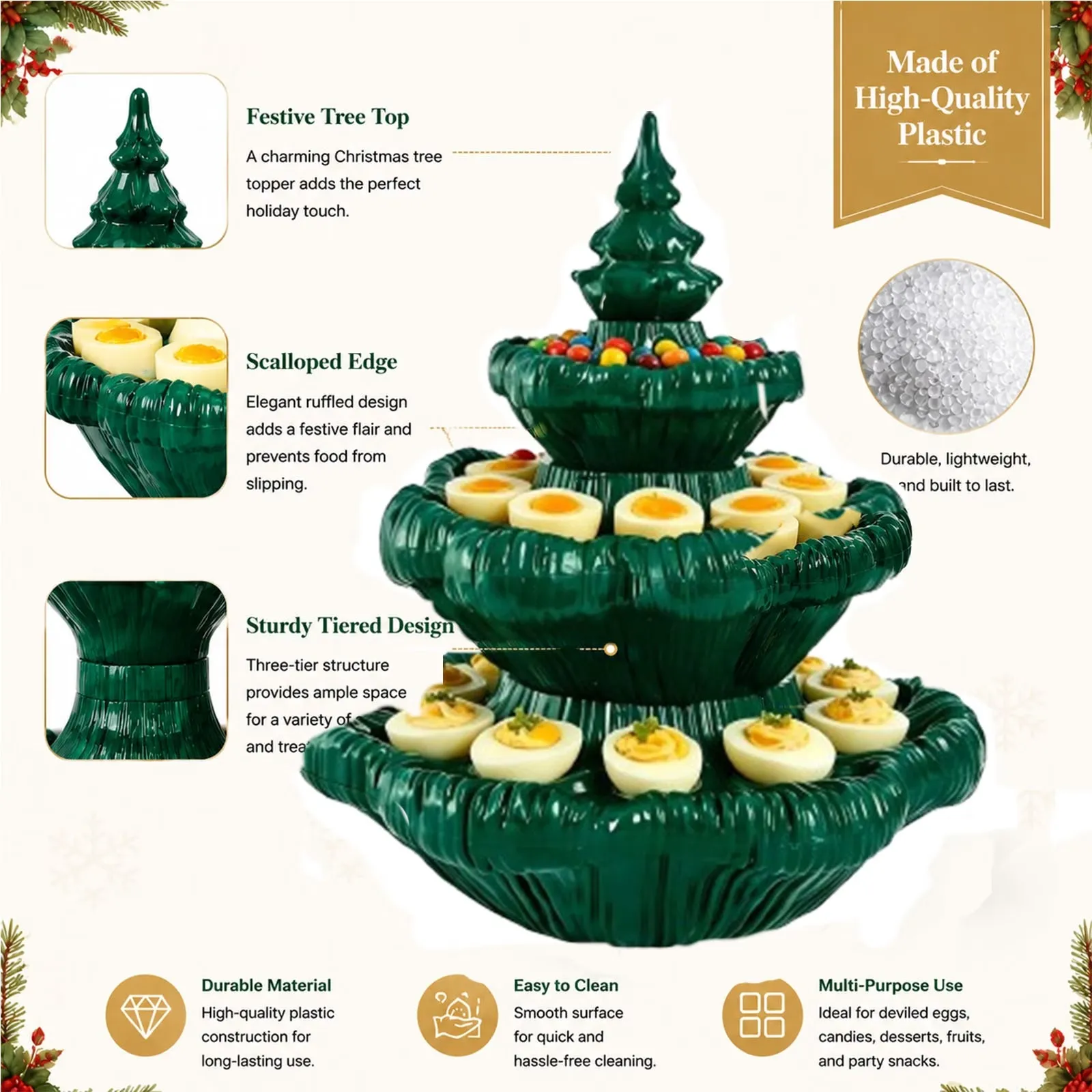 Close view of the festive topper, scalloped edges, and tiered plastic construction