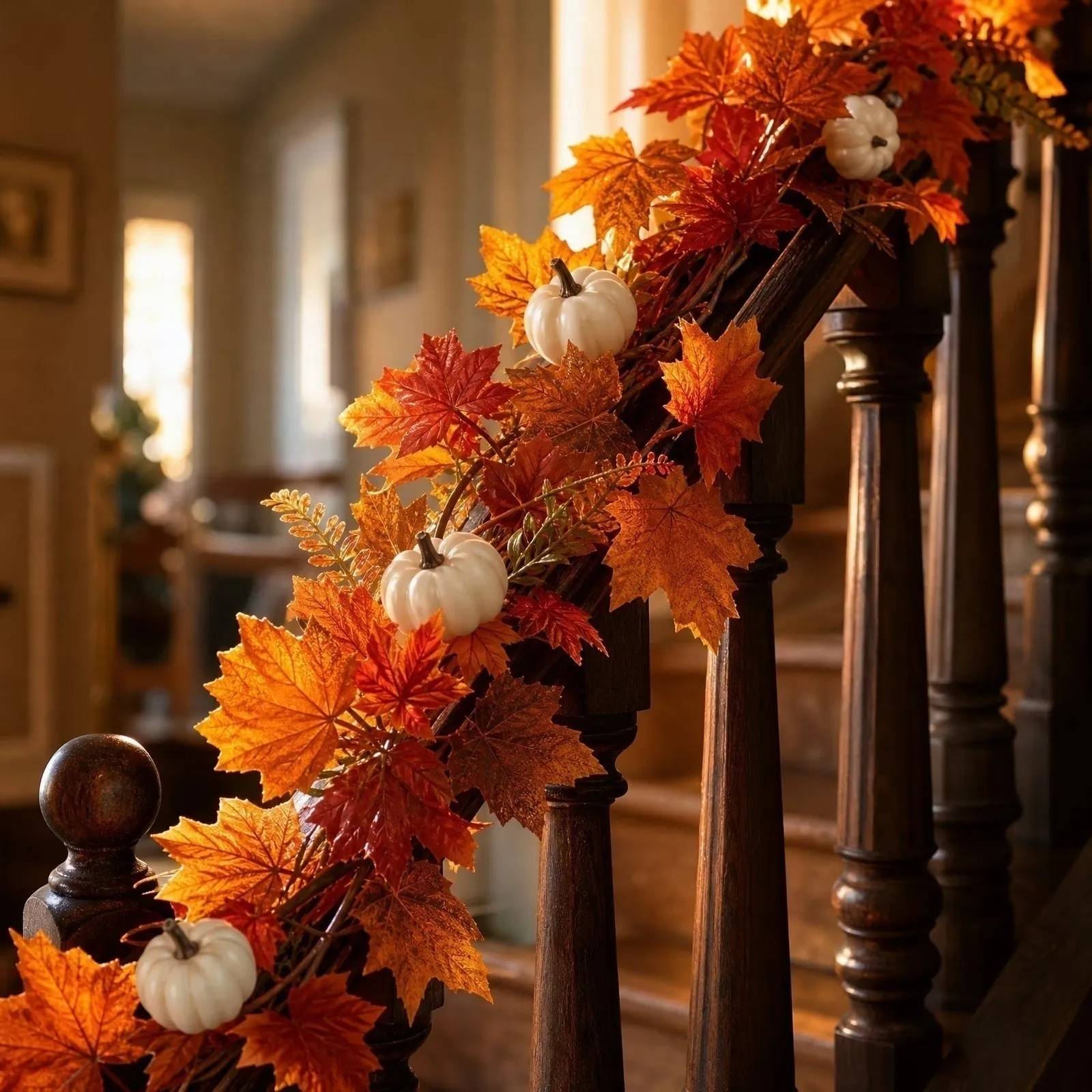 6.6 FT Artificial Fall Maple Leaf Garland with White Pumpkins