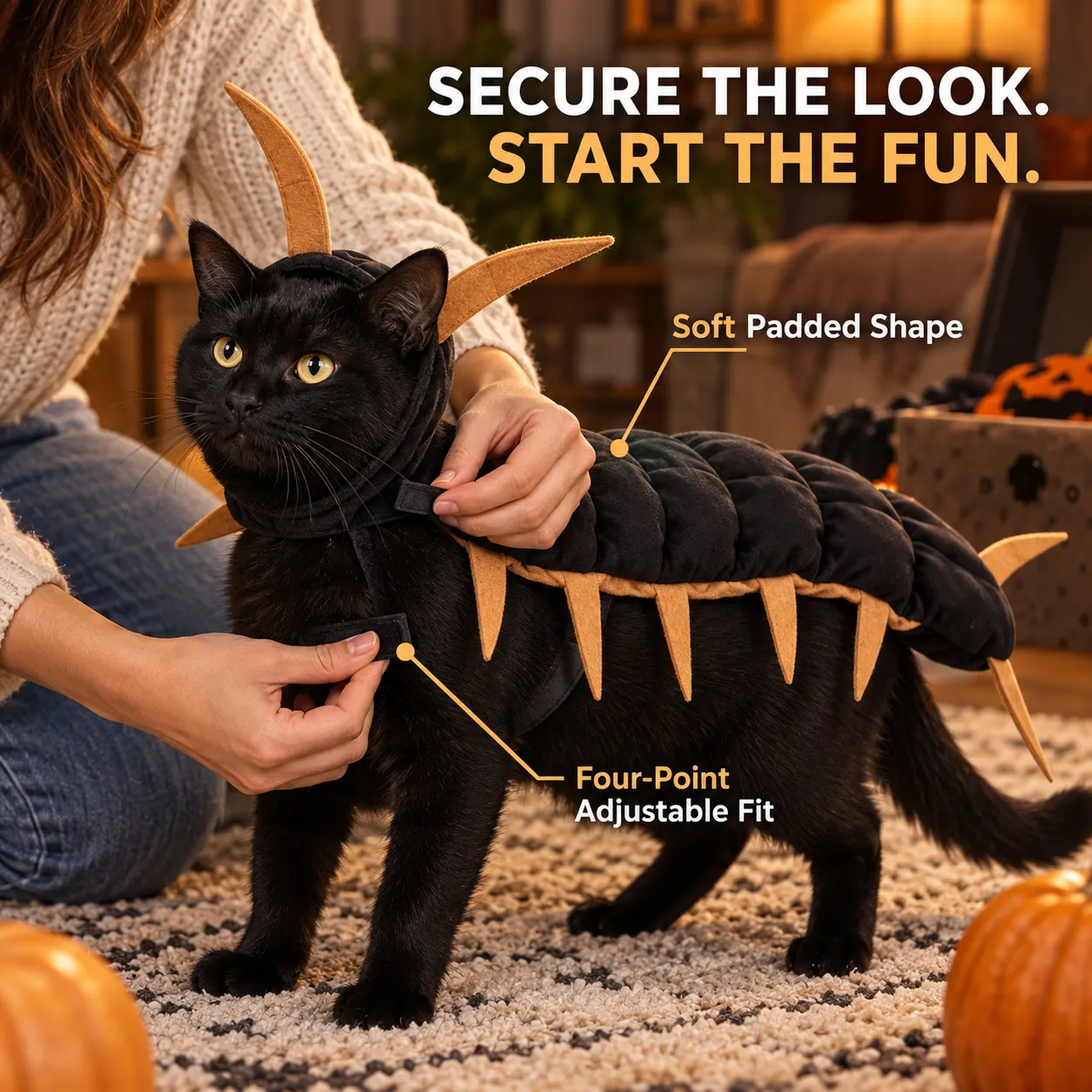 Adjusting the secure attachment points on the gold-trim centipede pet costume