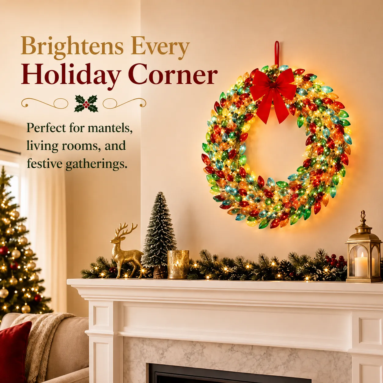 Multicolor wreath glowing above a decorated mantel