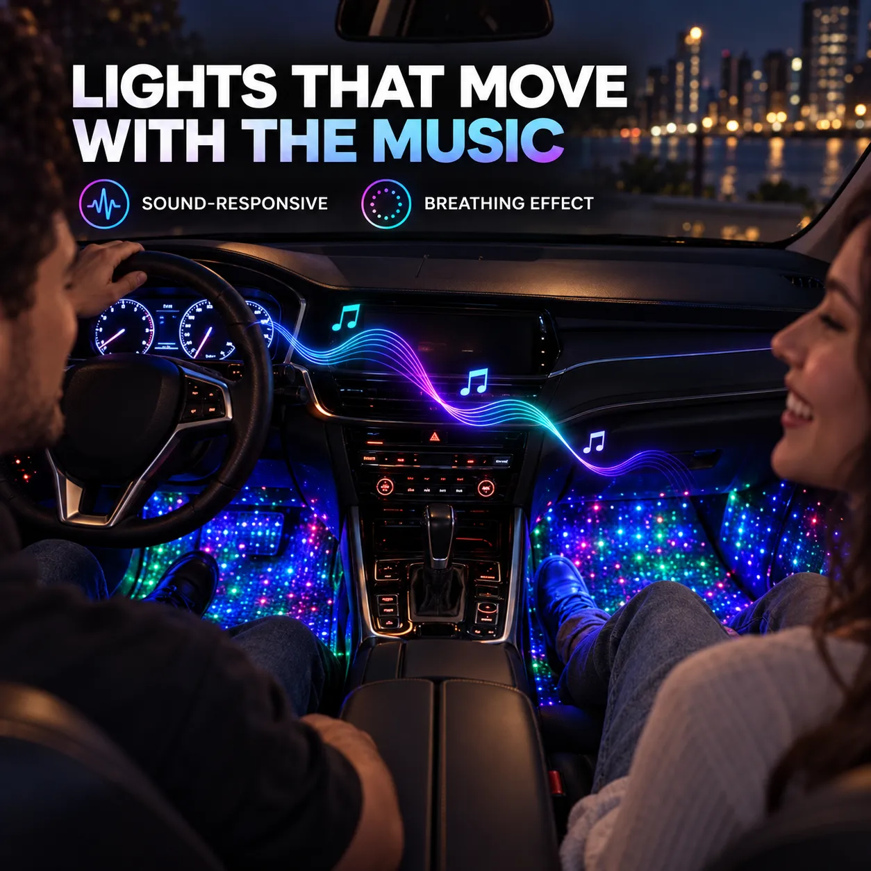 Sound-responsive footwell lights moving with music in a parked car