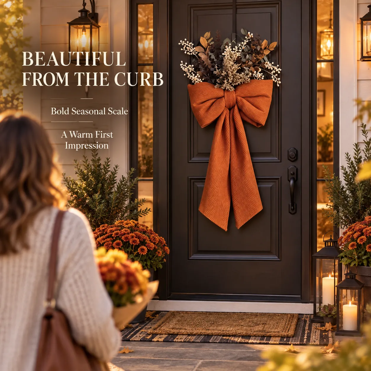 Autumn bow styled on a front door for a warm porch welcome