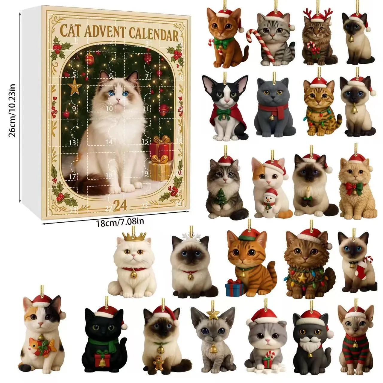 Cat advent calendar with 24 festive cat ornament designs