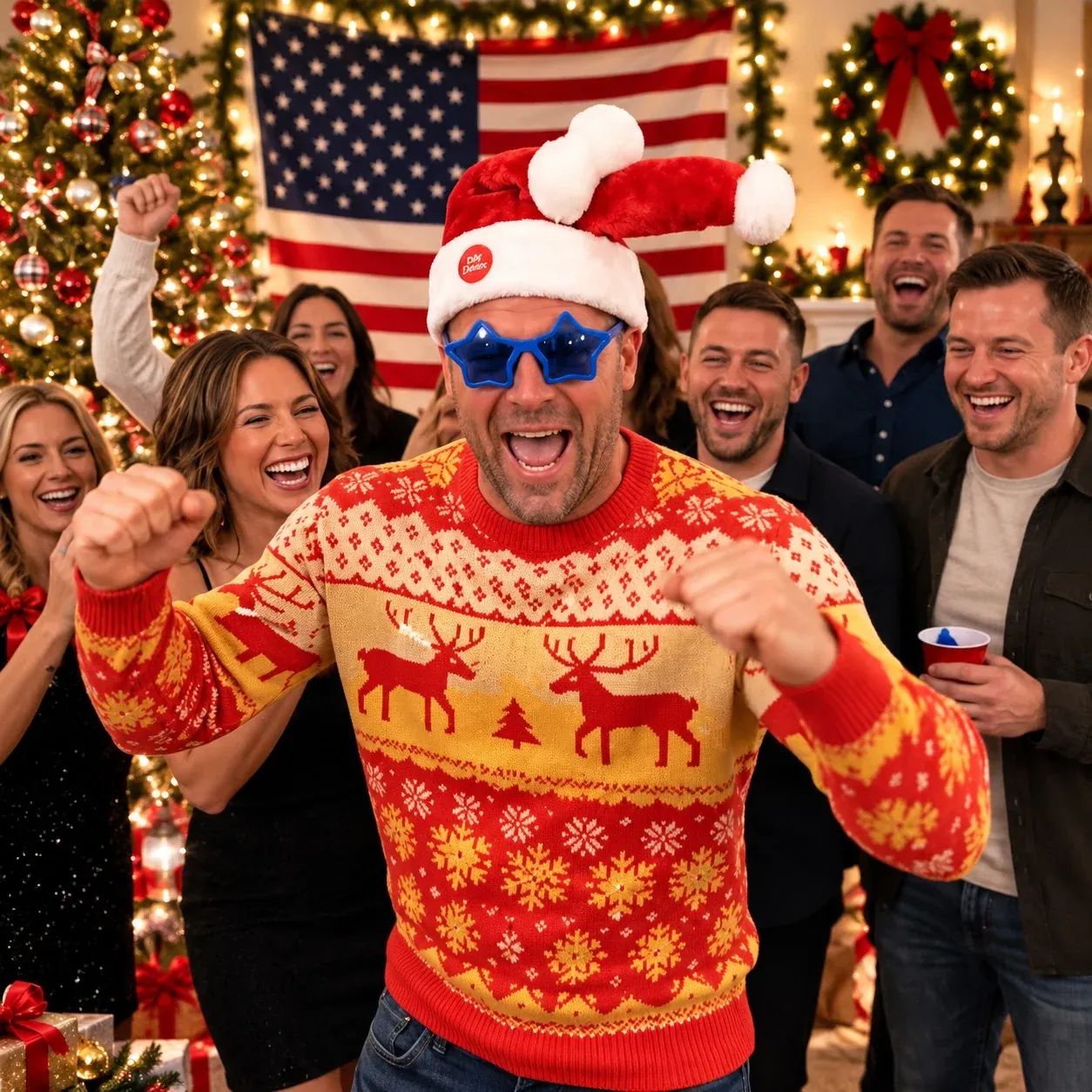 Lustige Weihnachtsmütze mit Druckmechanismus als interaktives Scherzgeschenk