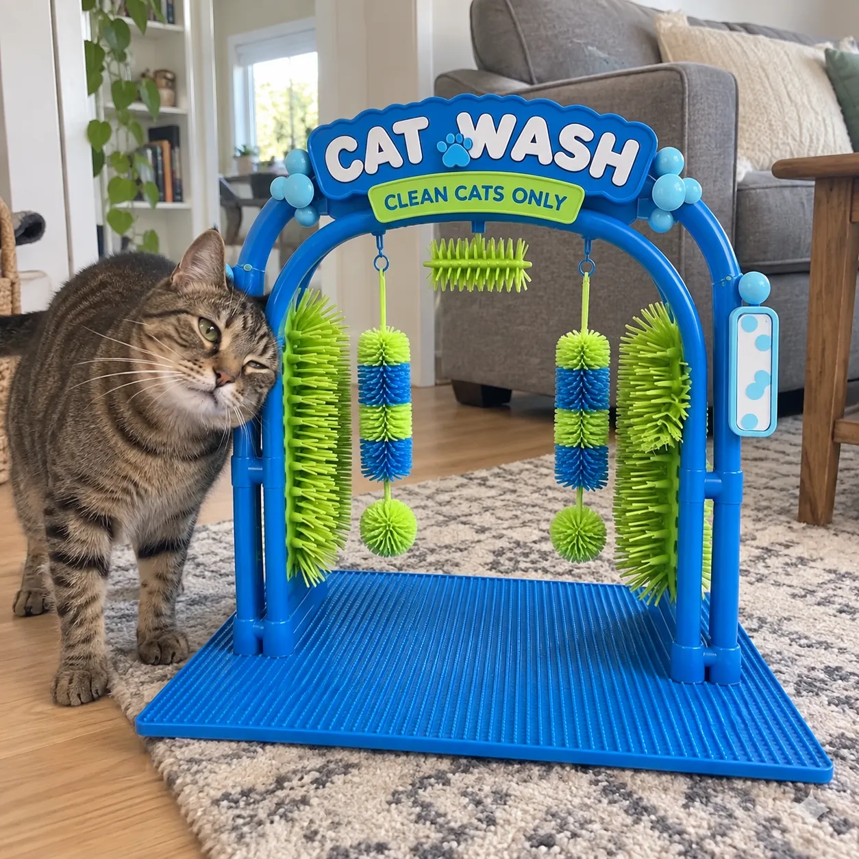 Tabby cat rubbing against the grooming station