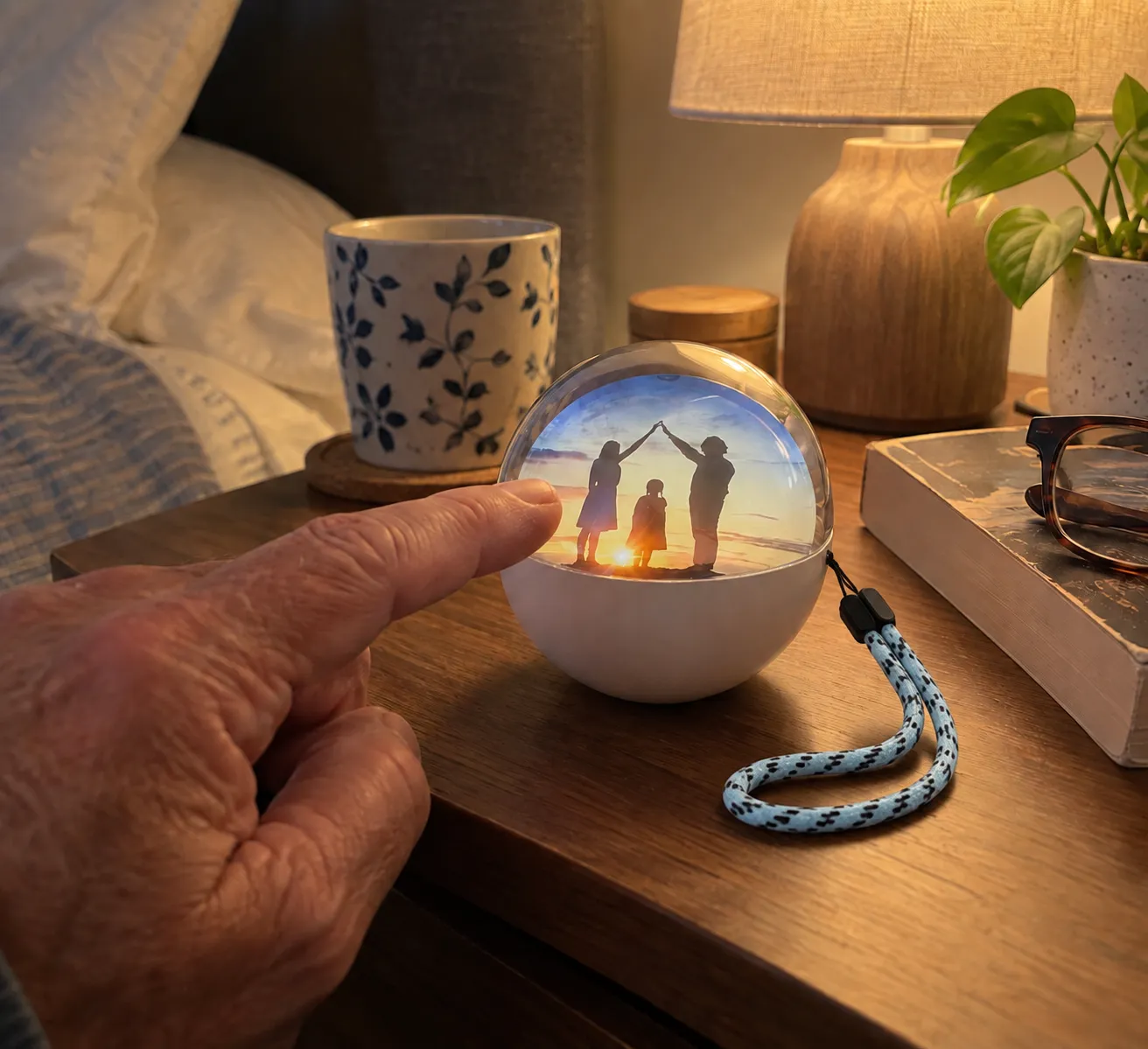 A video keepsake orb playing a family memory on a bedside table