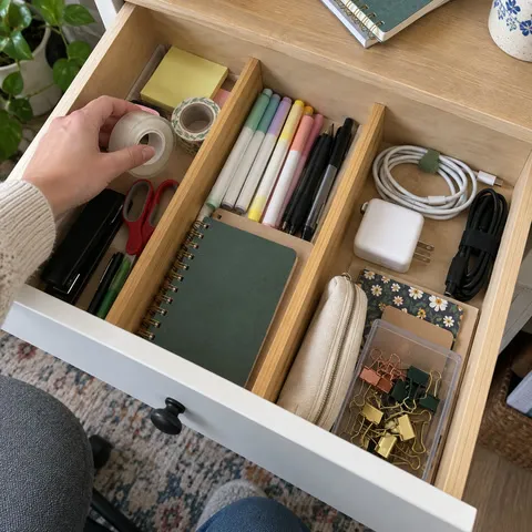 Office supplies organized in a drawer