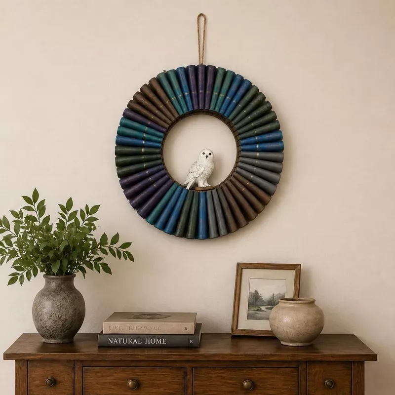 Midnight Owl book-spine wreath in a cozy reading space