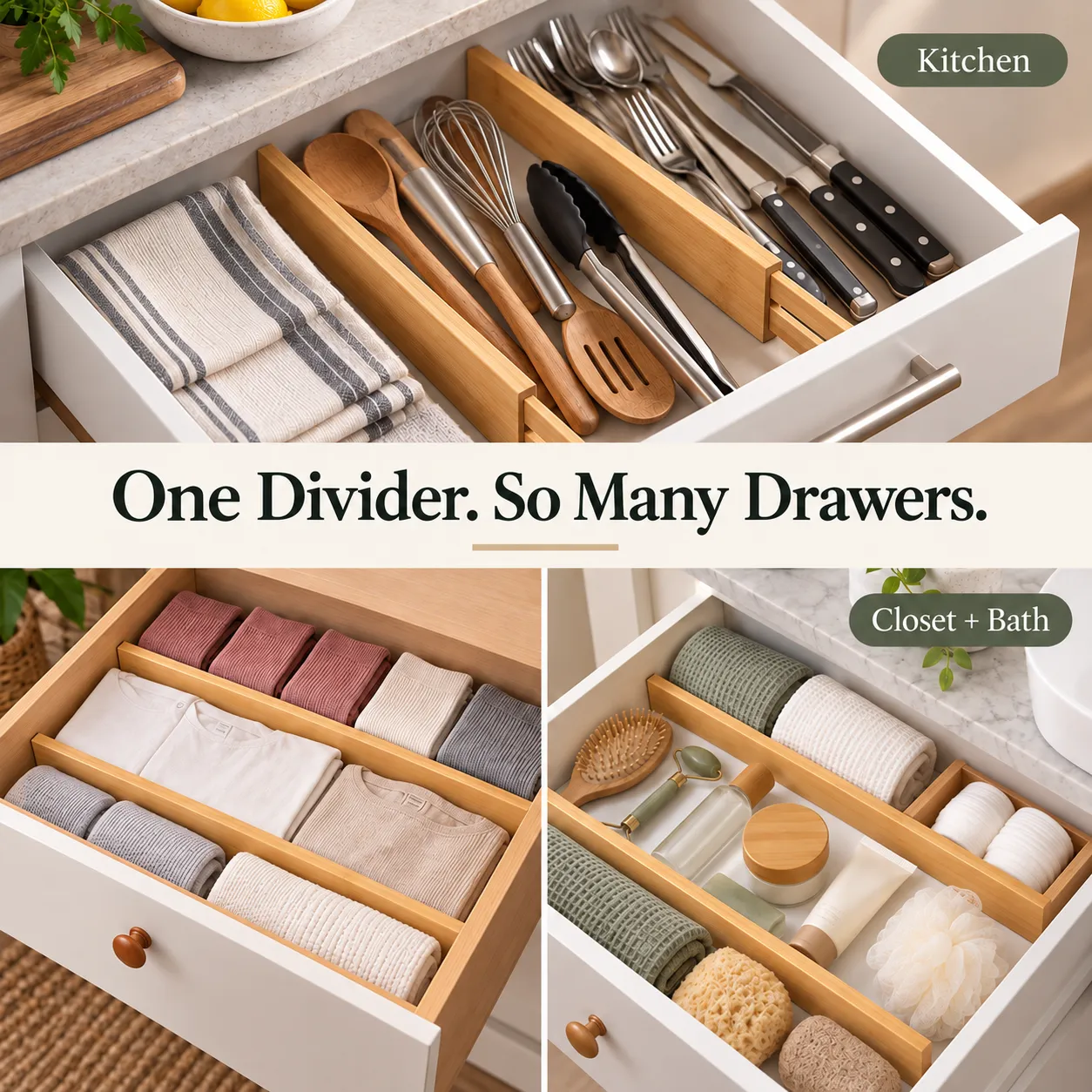 Bamboo dividers organizing kitchen, closet and bathroom drawers