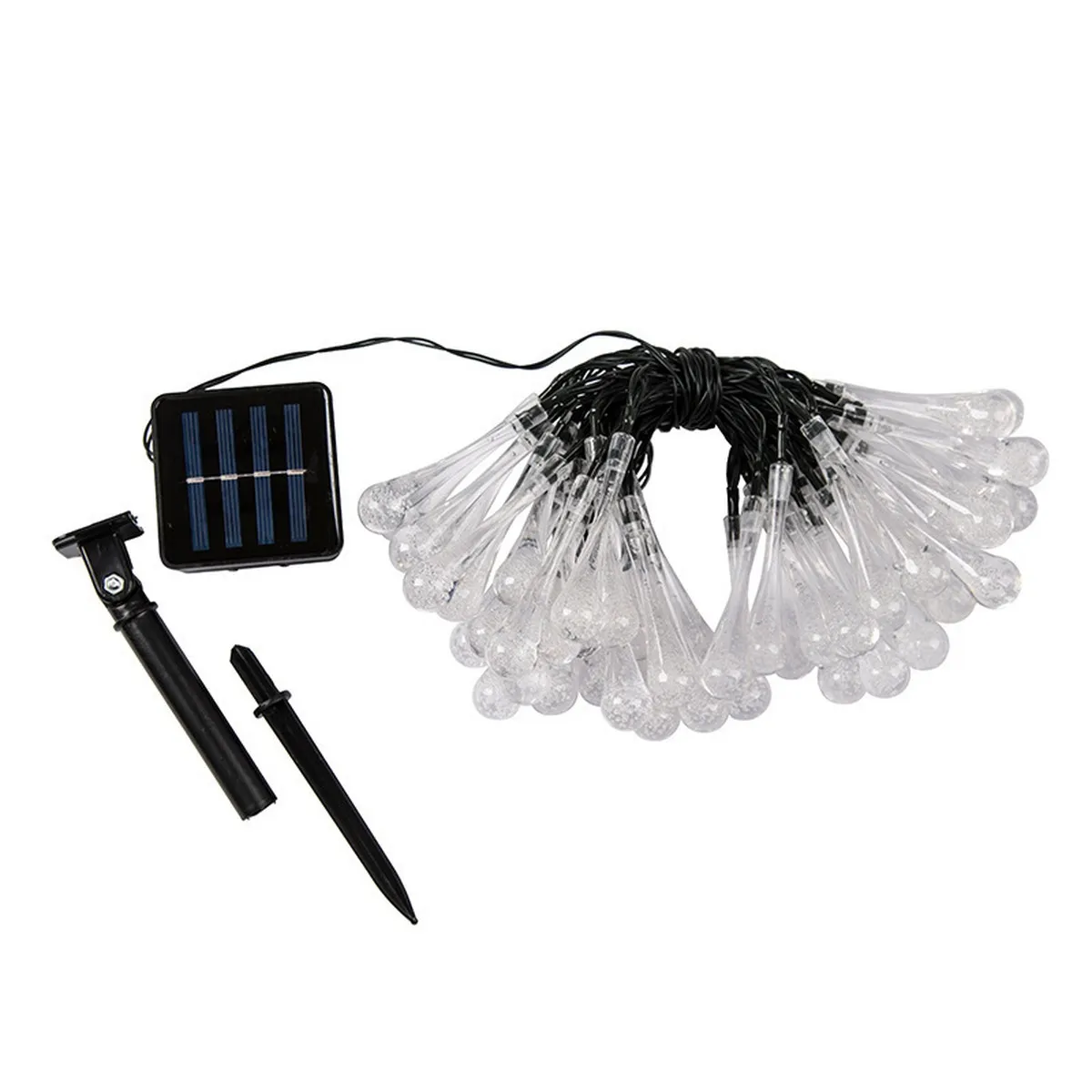 Solar waterdrop light strand, square solar panel, and ground stake parts