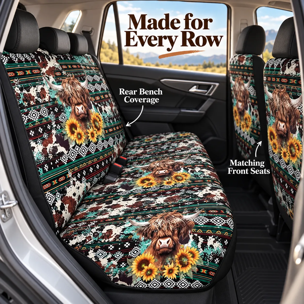 Western Bloom Highland-Rind-Komplettset für Autositzbezüge