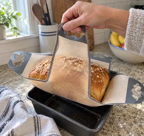 Home baker lifting a fresh loaf with the reusable sling