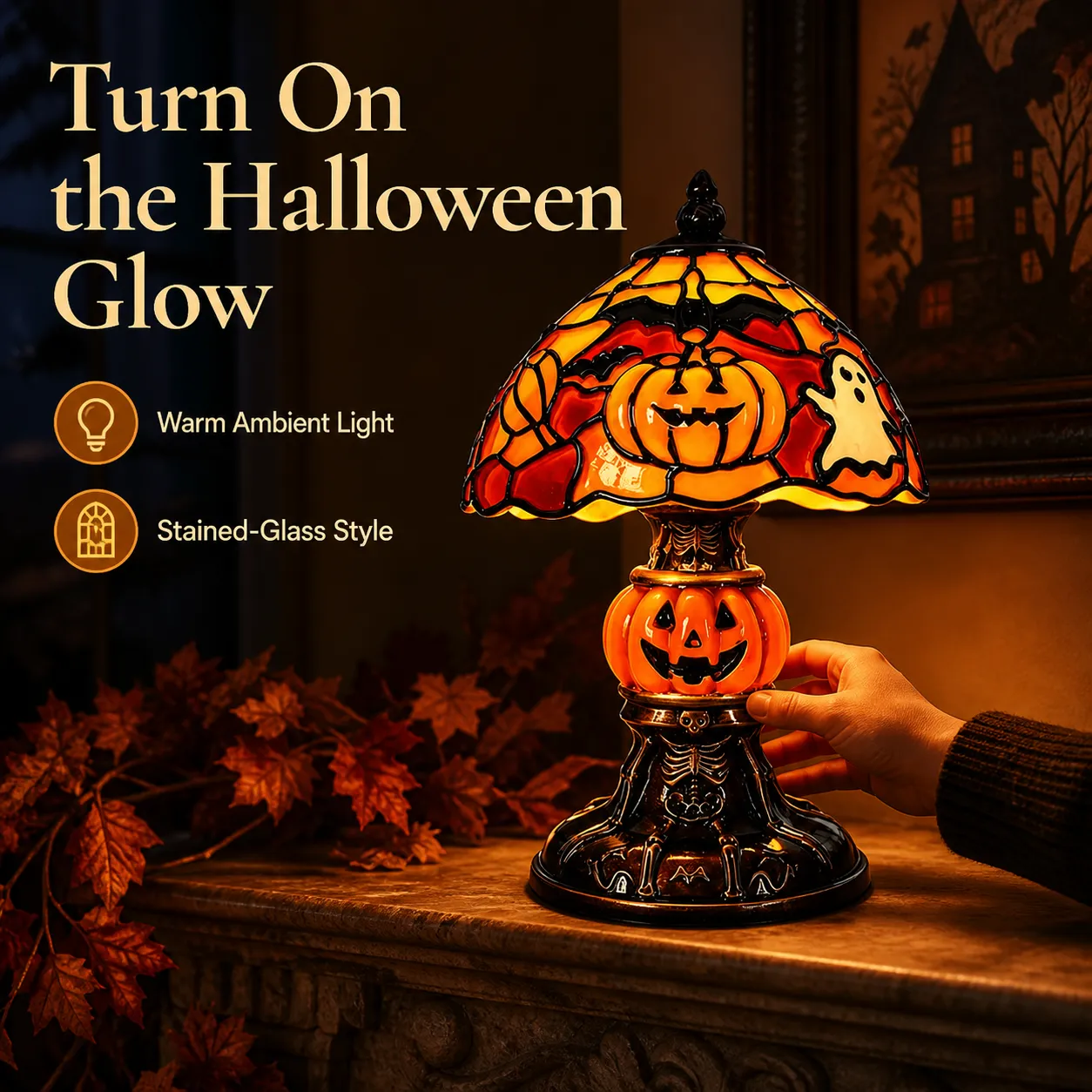 Cozy Halloween Glow Stained-Glass-Style Table Lamp demonstration