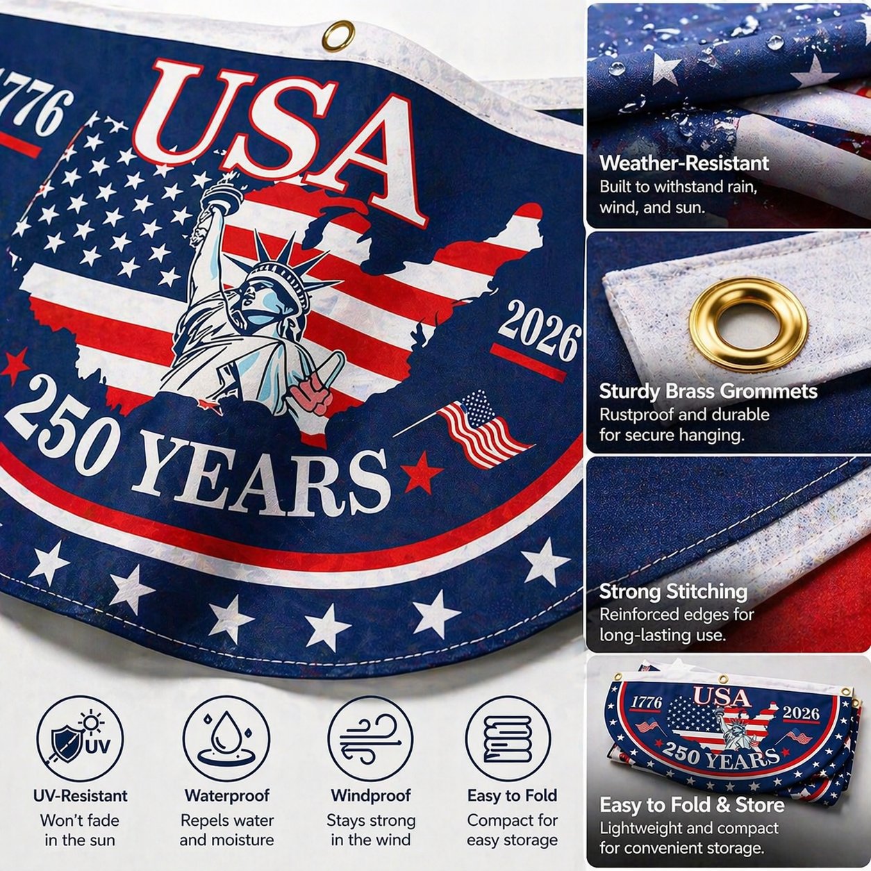 Gedenkbanner zum 250. Jubiläum der USA – doppellagig und wetterfest