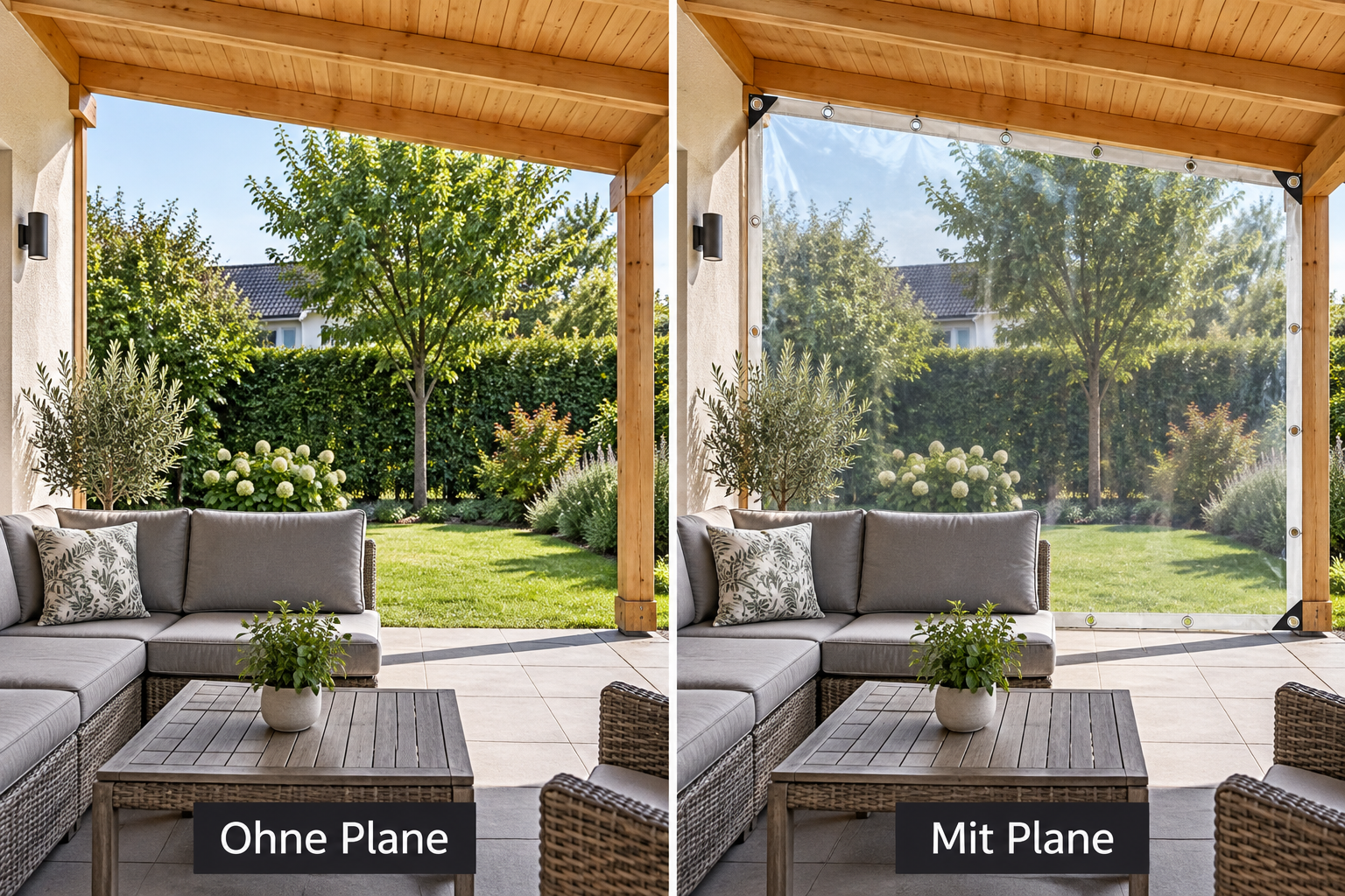 Dieselbe Terrasse ohne und mit transparenter seitlicher Plane