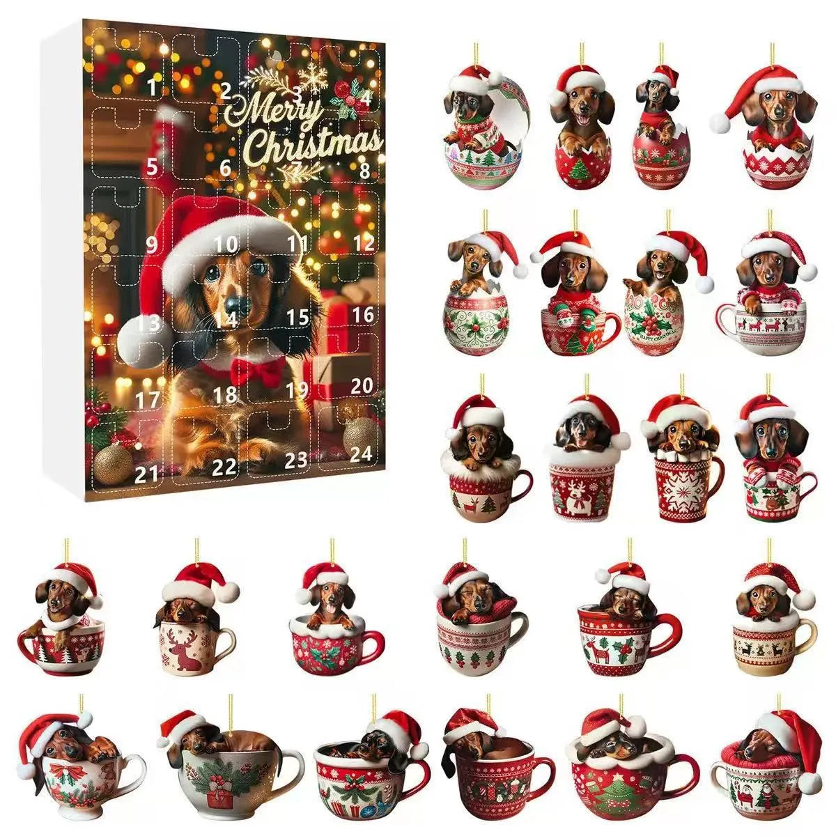 Dachshund advent calendar with 24 festive dog ornament designs