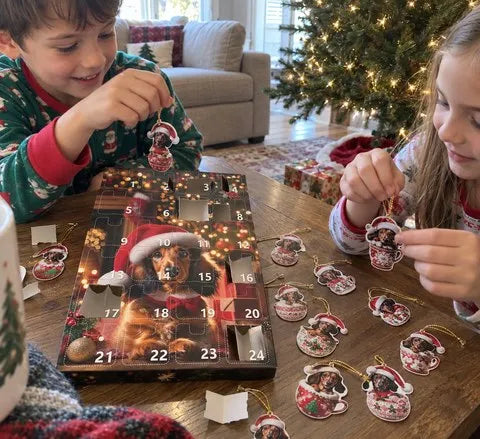 Children sorting flat dachshund ornaments from the advent calendar
