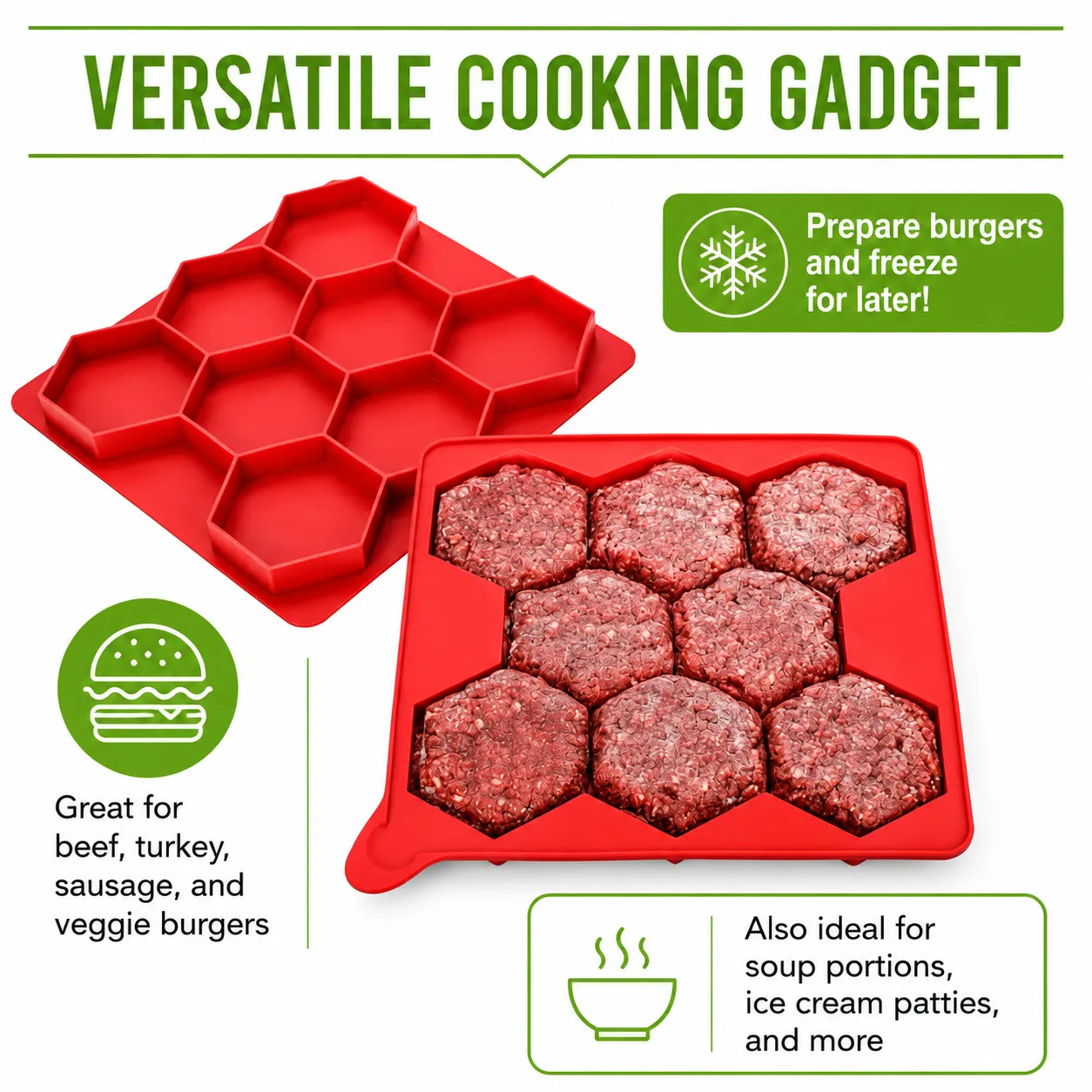 Silicone Hexagon Patty Freezer Mold with Lid – 7 or 8 Cavities