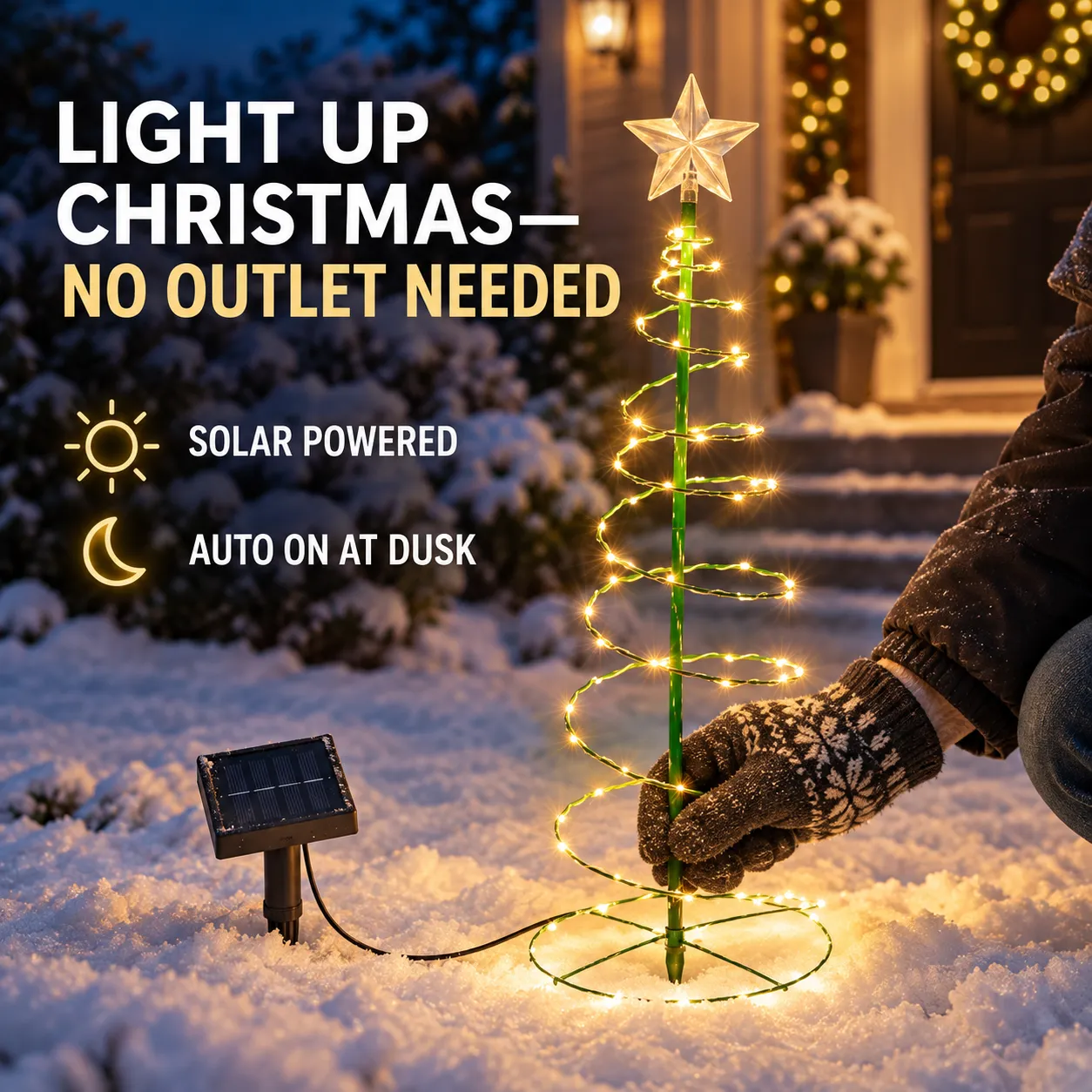 Warm-white solar spiral Christmas tree light being installed in snow