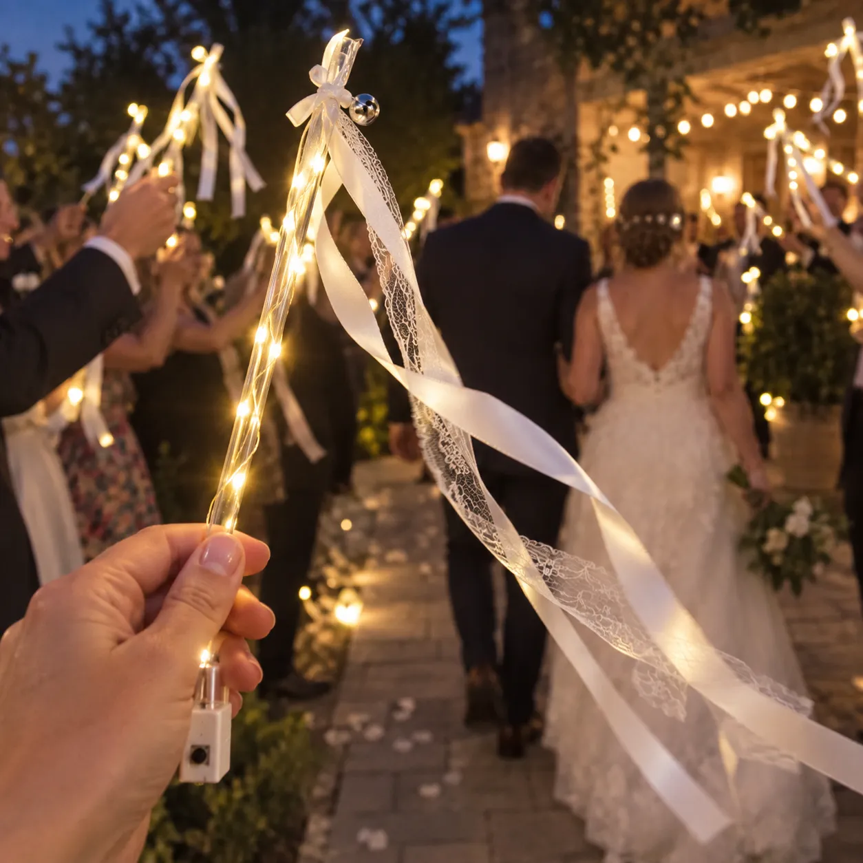 Wedding guest holding a glowing ribbon wand during an evening send-off
