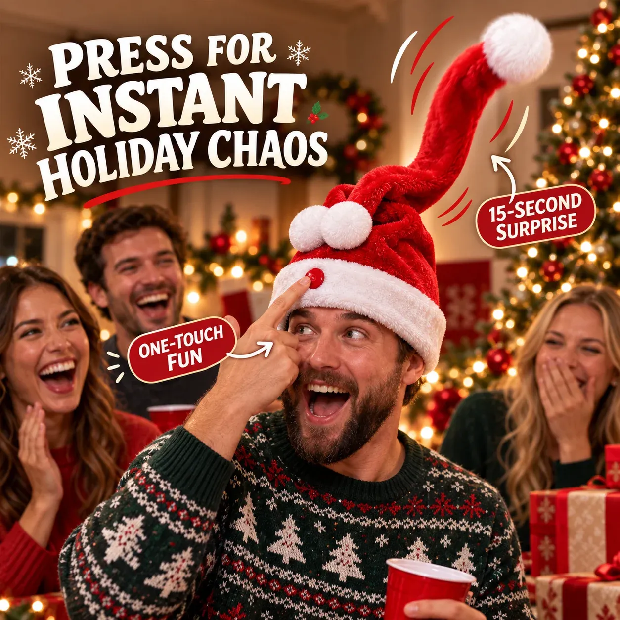 Lustige Weihnachtsmütze mit Druckmechanismus als interaktives Scherzgeschenk