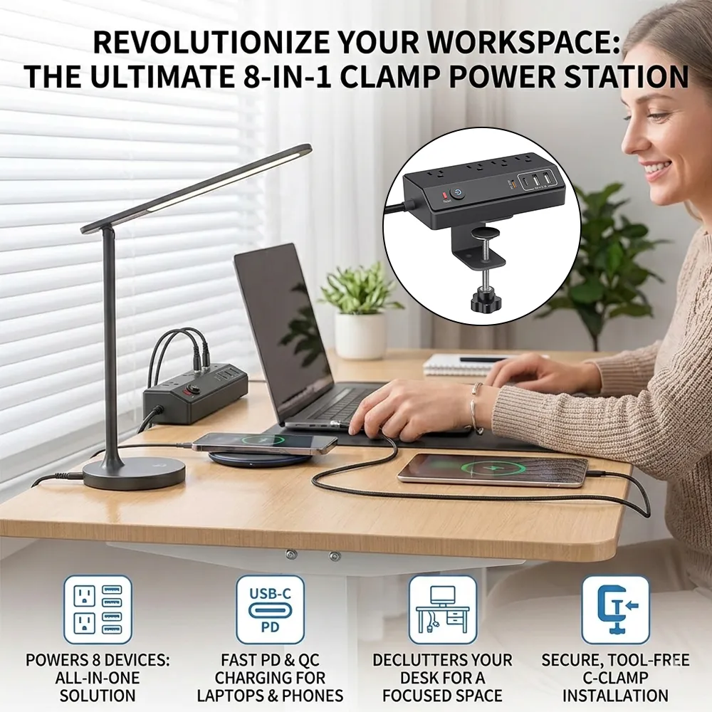 🔌 Clip-on Desktop Power Strip: Stop crawling under furniture to find a plug; bring 8 charging ports directly to your workspace level. 💻