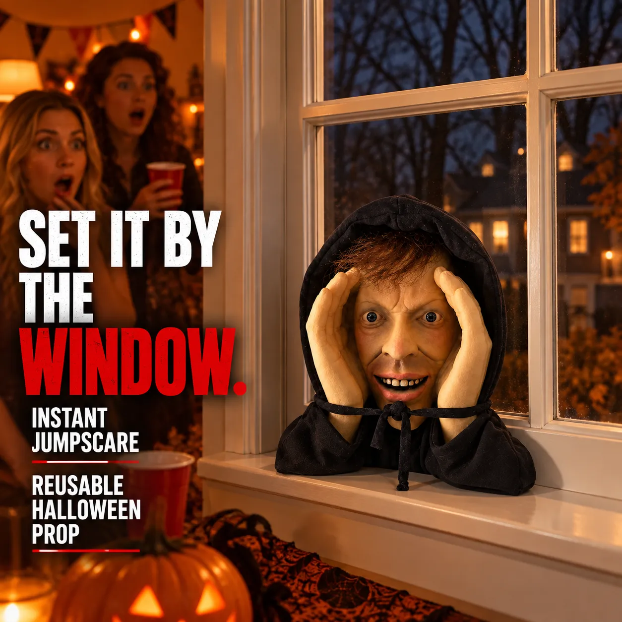 Three-dimensional Halloween peeper prop resting on a window sill to surprise party guests