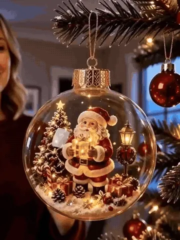 Glowing Christmas diorama ornaments shown and hung on a tree