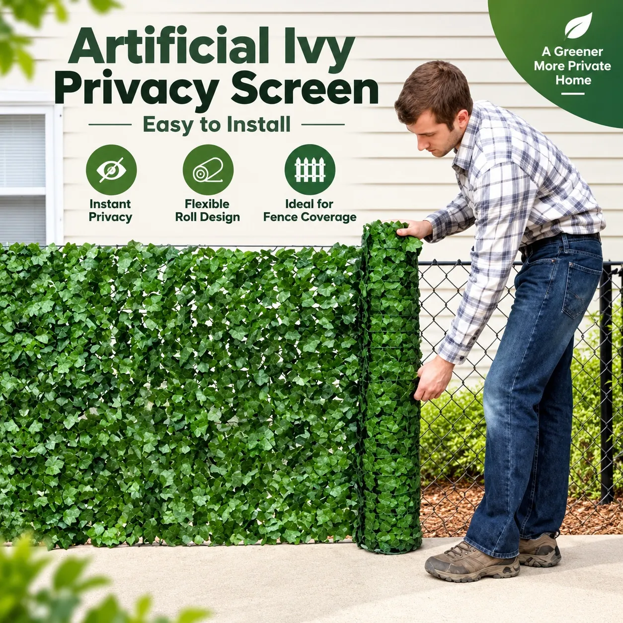 Deep green artificial ivy privacy screen rolling across a backyard fence