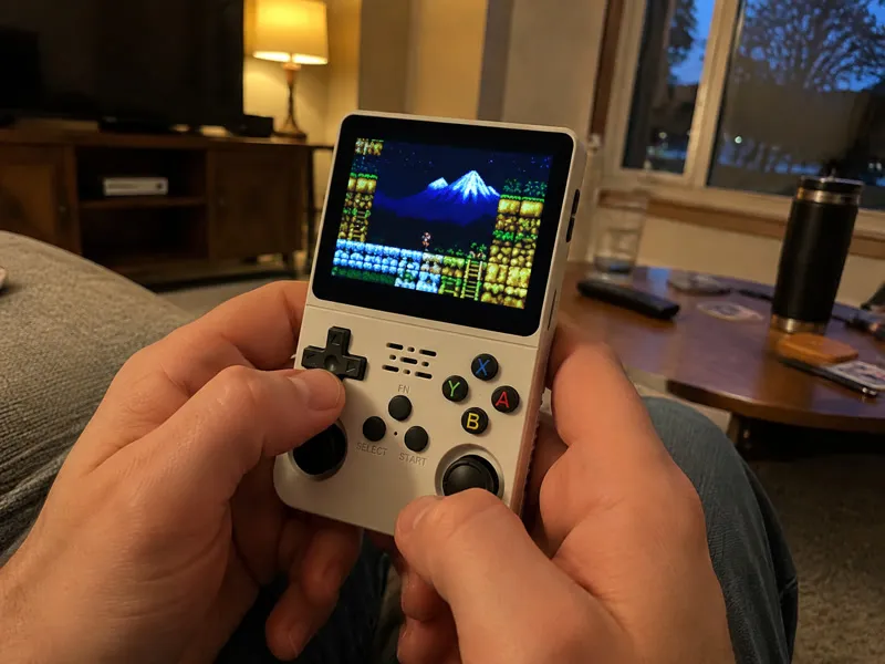 Handheld console being played on a living room couch