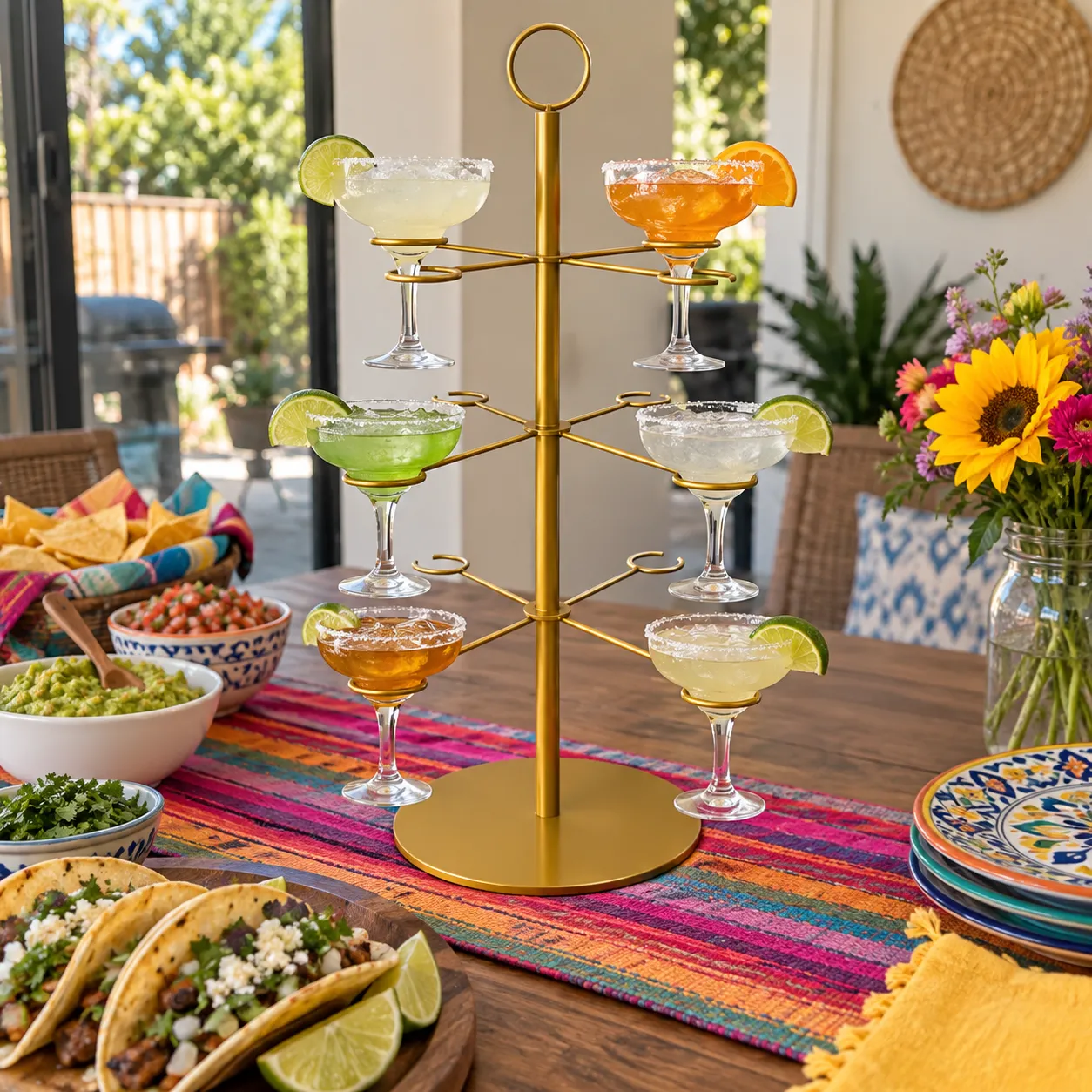Gold cocktail glass tree decorated for a holiday gathering