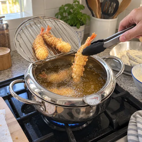 Tempura shrimp frying in the stainless steel pot and draining on the raised rack