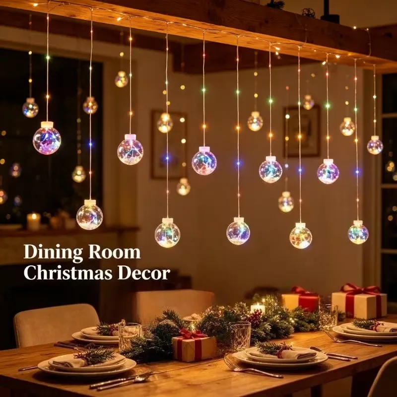 Multicolor crackle globe curtain lights above a Christmas dining table