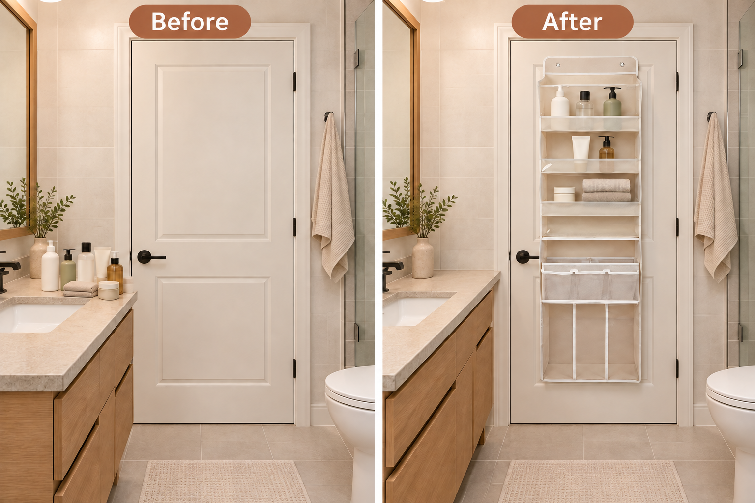 Illustrative before-and-after view of the same bathroom and everyday items organized behind the door