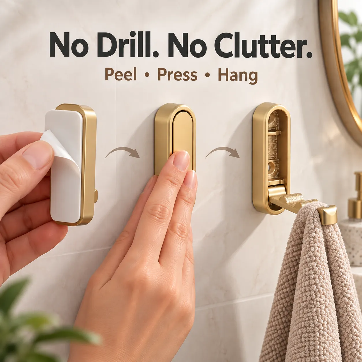 No-drill peel, press and hang installation steps