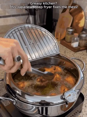 Stainless steel fryer cooking food, checking oil temperature, and pouring cooled oil