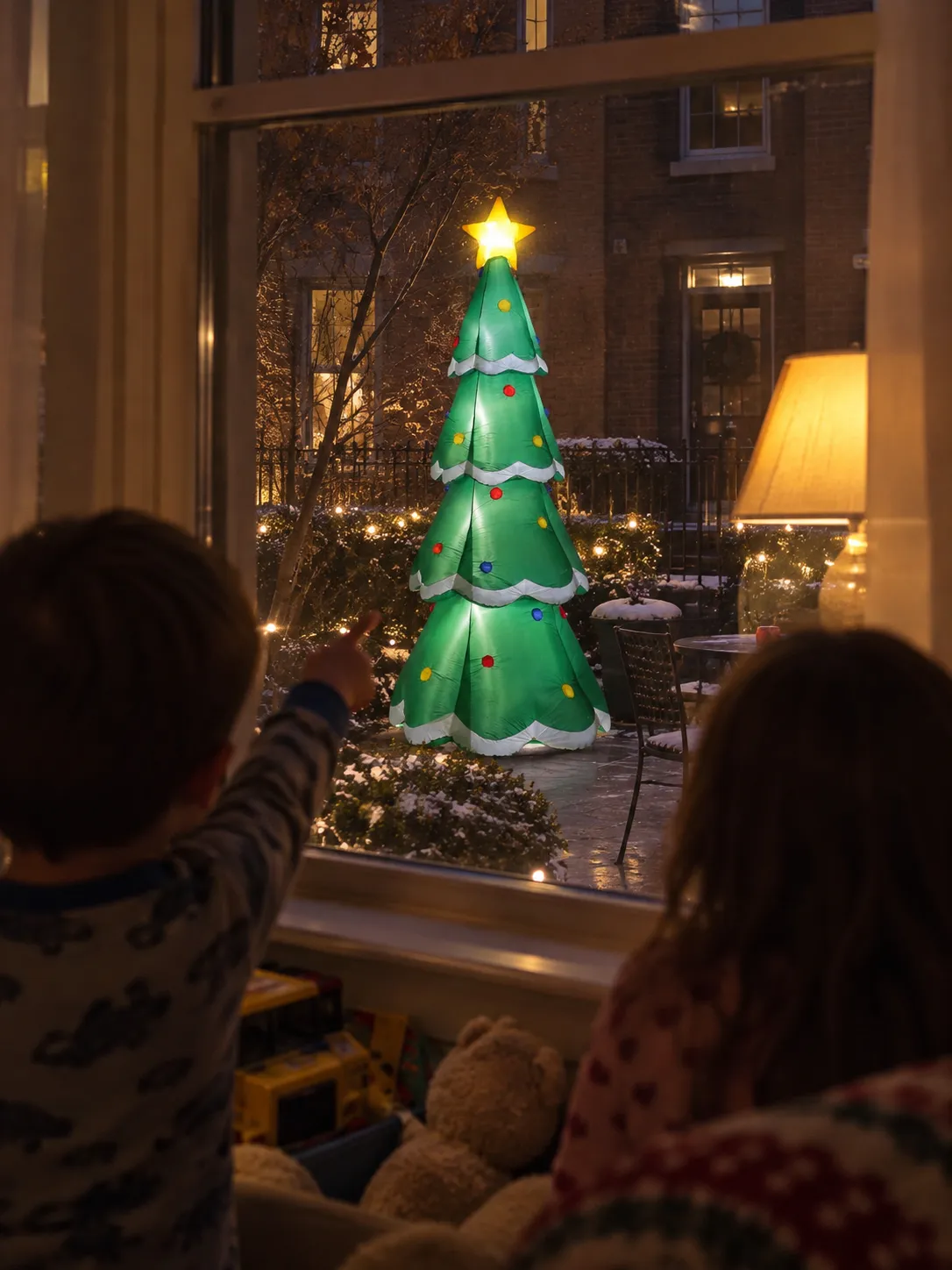 Children looking through a window at a glowing inflatable tree