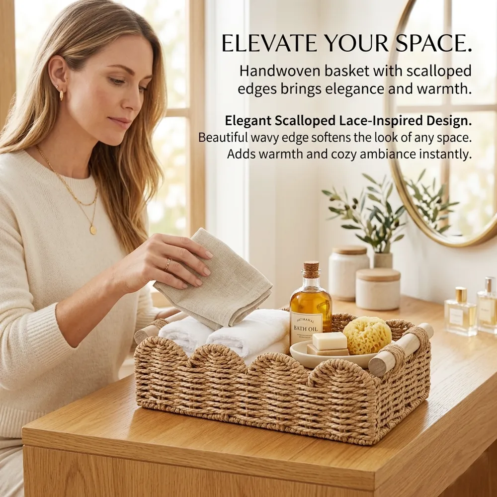 🌿Scalloped Wicker Storage Basket Set – Decorative Toilet Paper & Shelf Organizer