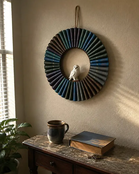 Midnight Owl book wreath above a small reading table